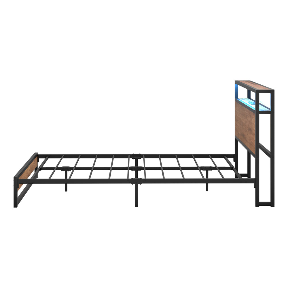 Oikiture Metal Bed Frame Queen Size LED Storage Headboard USB Charge