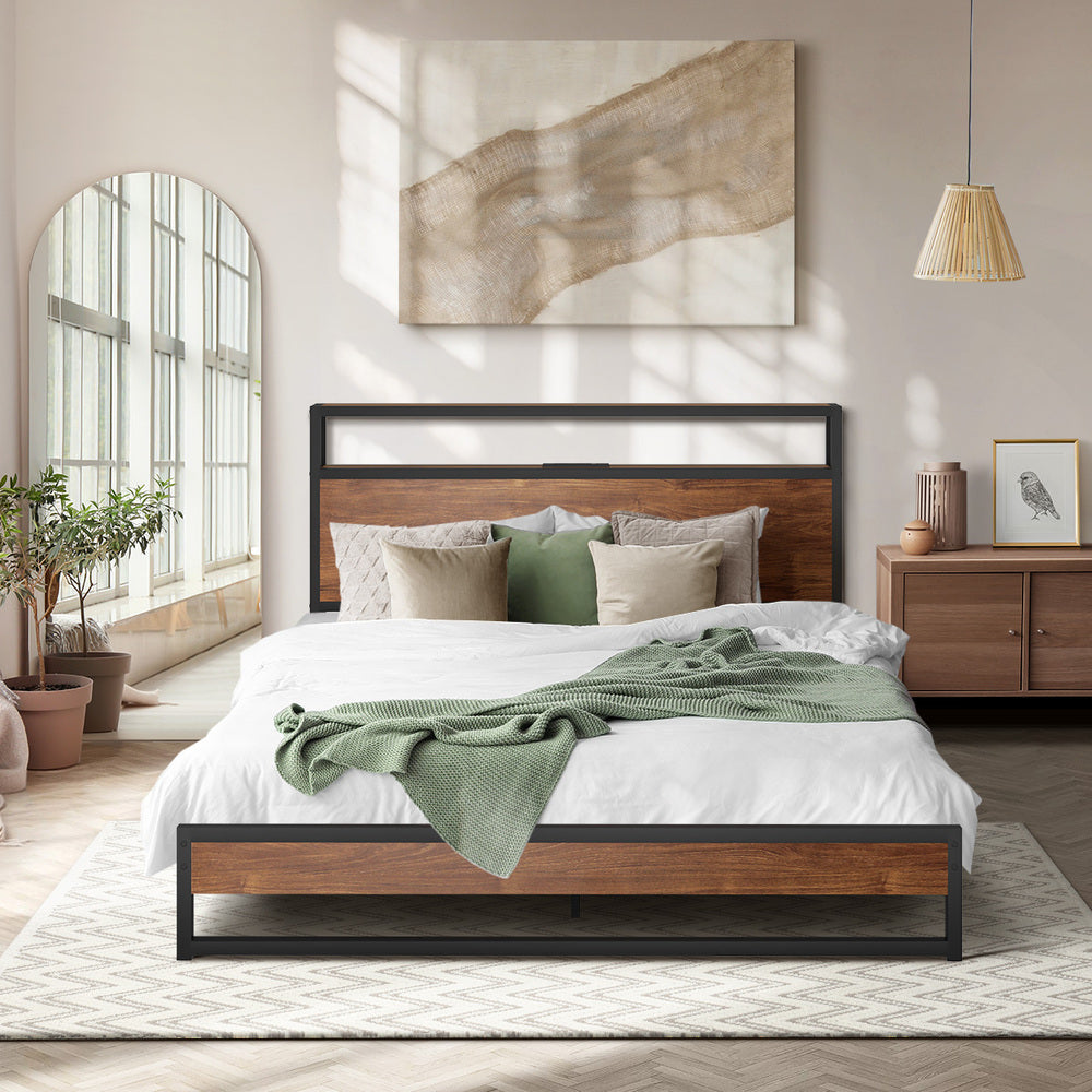 Oikiture Metal Bed Frame Queen Size LED Storage Headboard USB