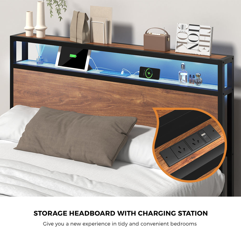 Oikiture Metal Bed Frame Queen Size LED Storage Headboard USB
