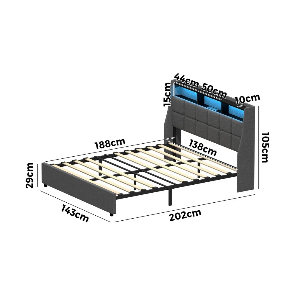 Double Bed Frame with LED Storage Headboard & USB Charging Ports