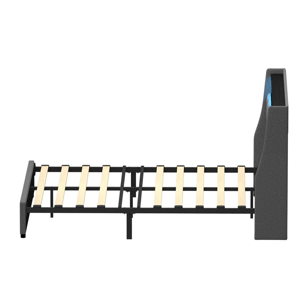 Double Bed Frame with LED Storage Headboard & USB Charging Ports