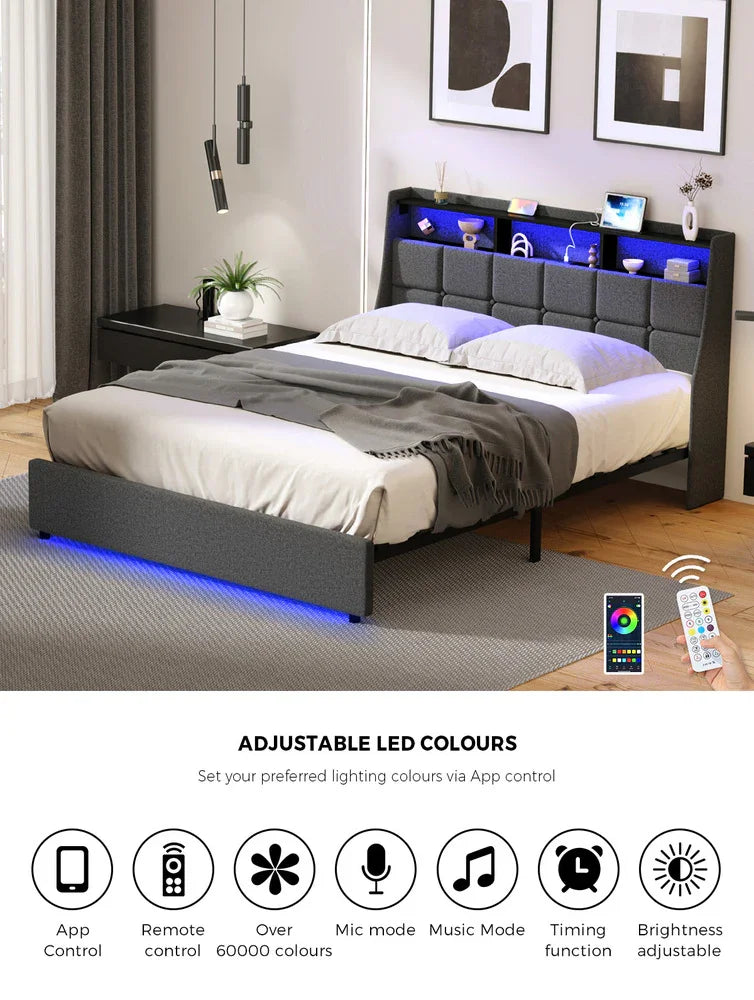 Double Bed Frame with LED Storage Headboard & USB Charging Ports