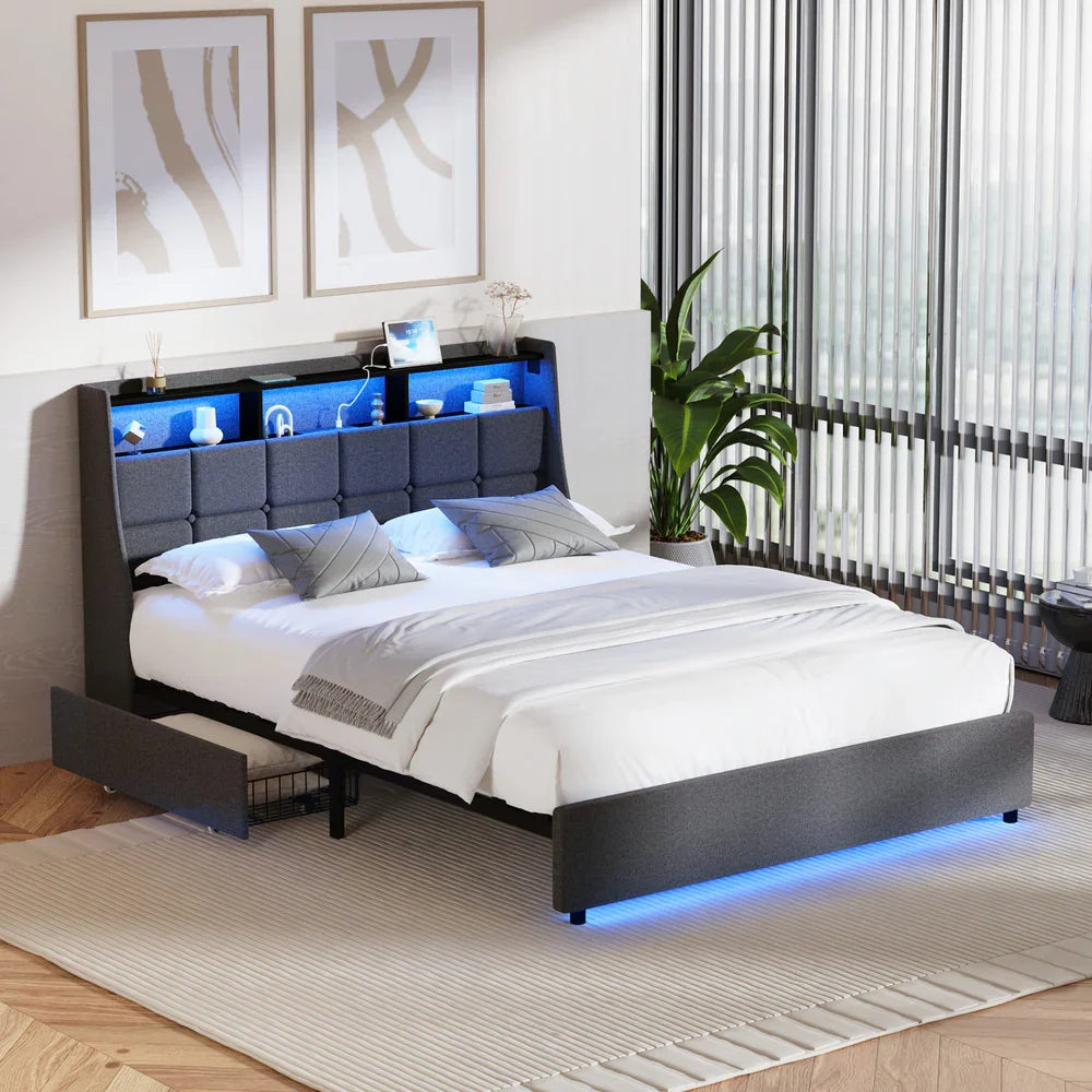 Double Size Bed Frame Headboard RGB LED Lights Drawer USB