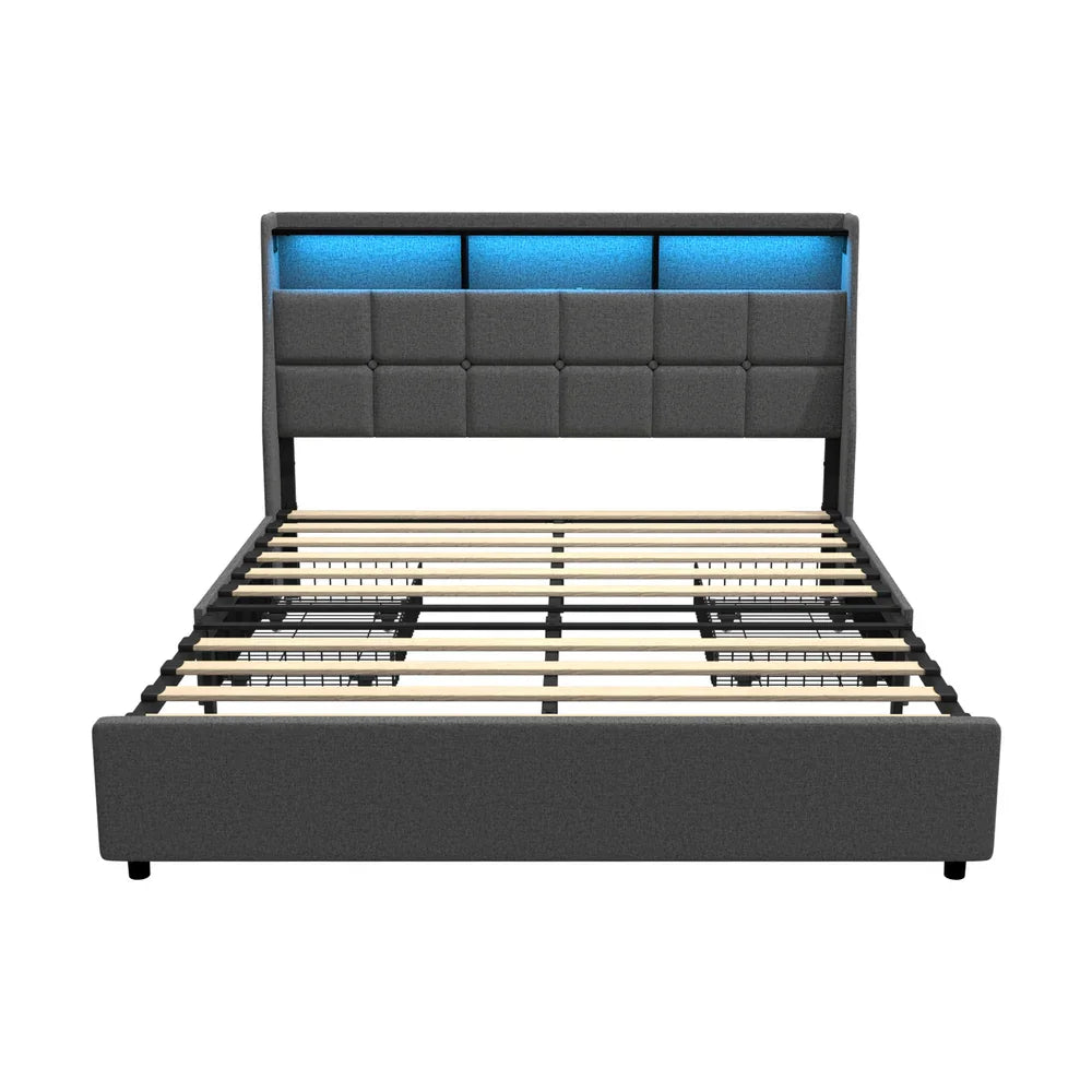Double Size Bed Frame Headboard RGB LED Lights Drawer USB