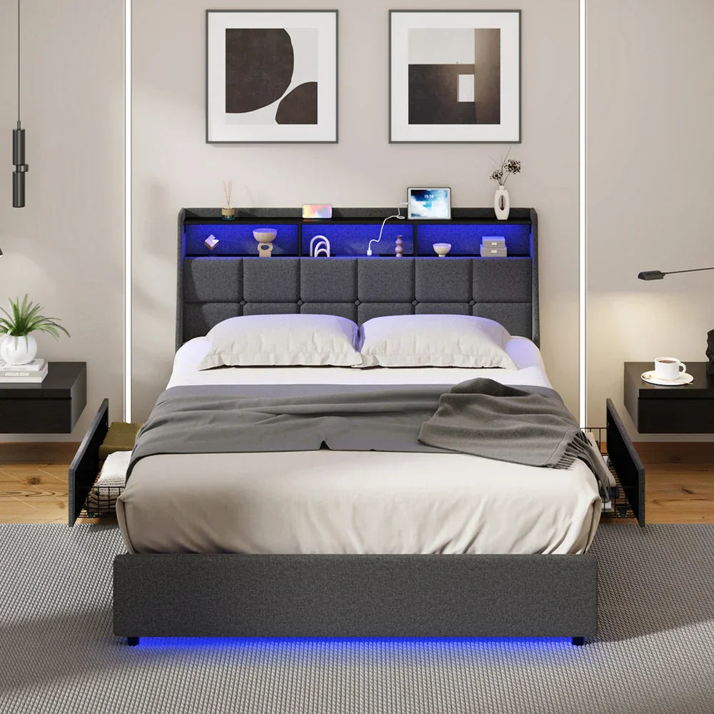 Double Size Bed Frame Headboard RGB LED Lights Drawer USB