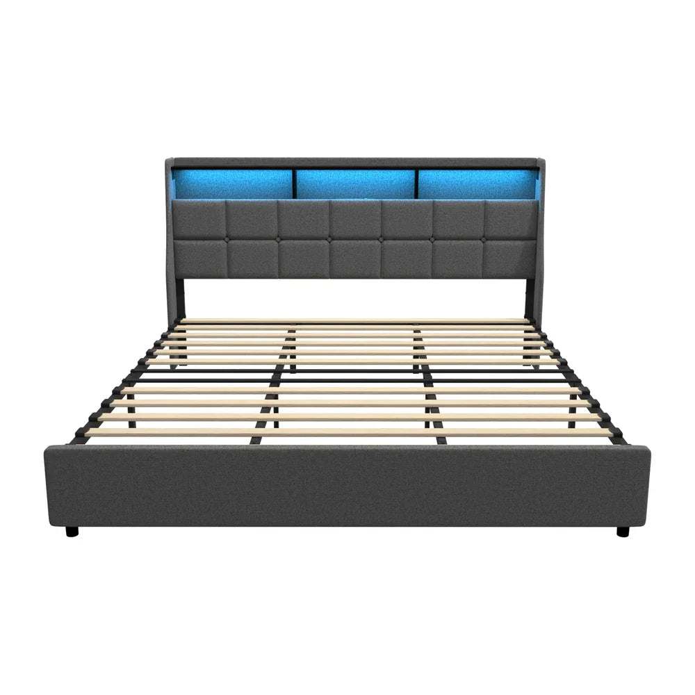 King Bed Frame with LED Storage Headboard, USB Ports & App Control