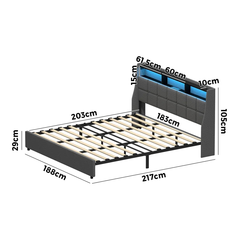 King Bed Frame with LED Storage Headboard, USB Ports & App Control