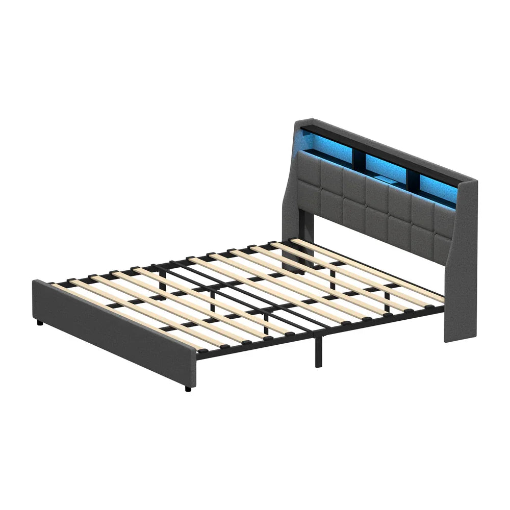 King Bed Frame with LED Storage Headboard, USB Ports & App Control