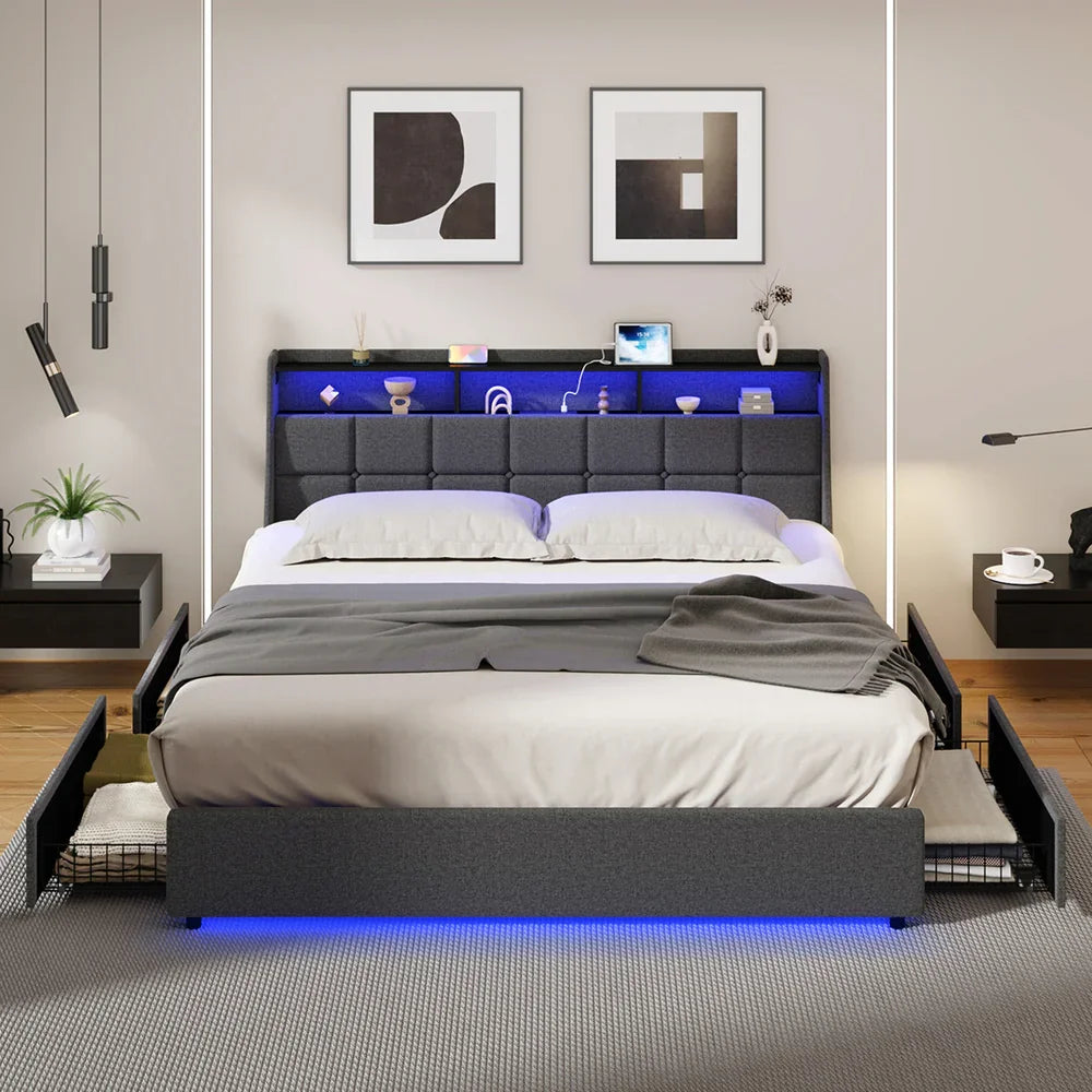King Size Bed Frame Headboard RGB LED Lights with Drawer USB