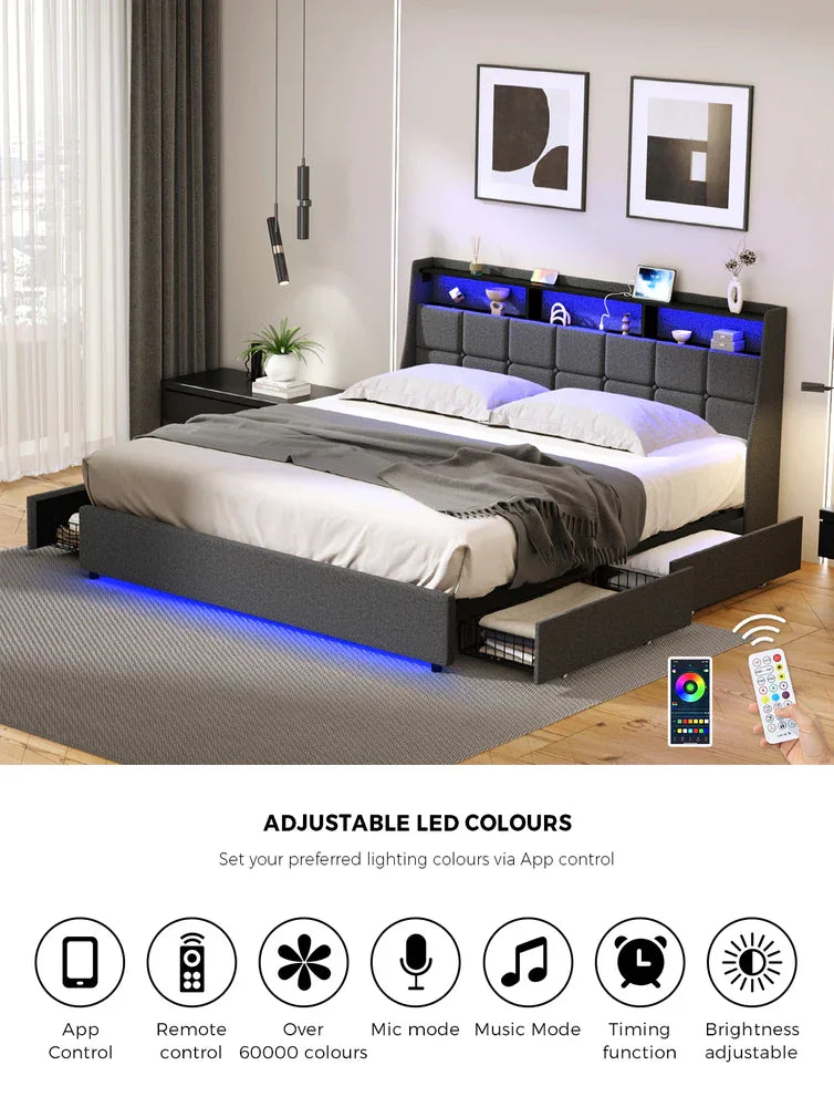 King Size Bed Frame Headboard RGB LED Lights with Drawer USB