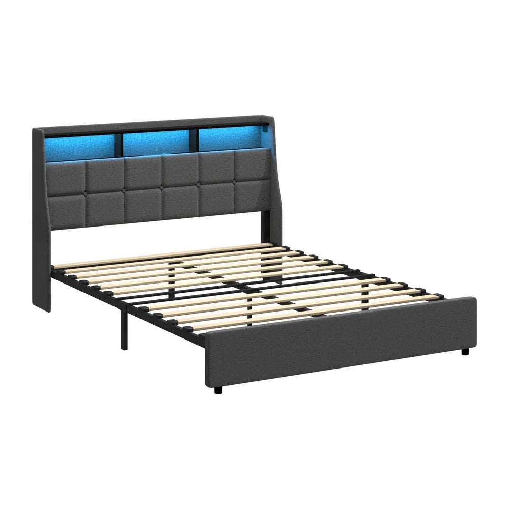 Queen Size Bed Frame With LED Storage Headboard USB Charging