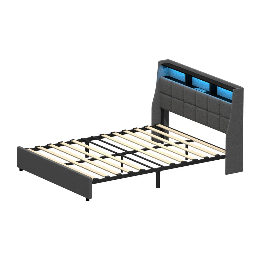 Queen Size Bed Frame With LED Storage Headboard USB Charging