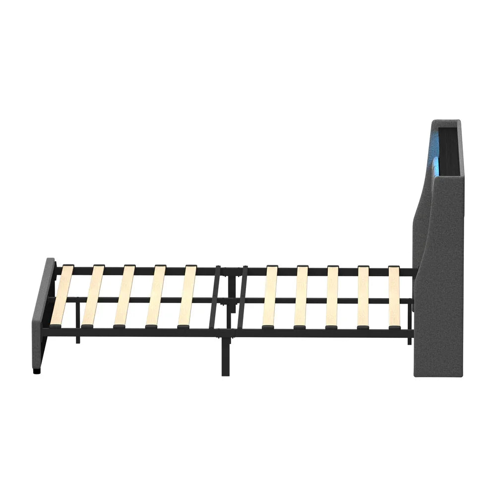 Queen Size Bed Frame With LED Storage Headboard USB Charging