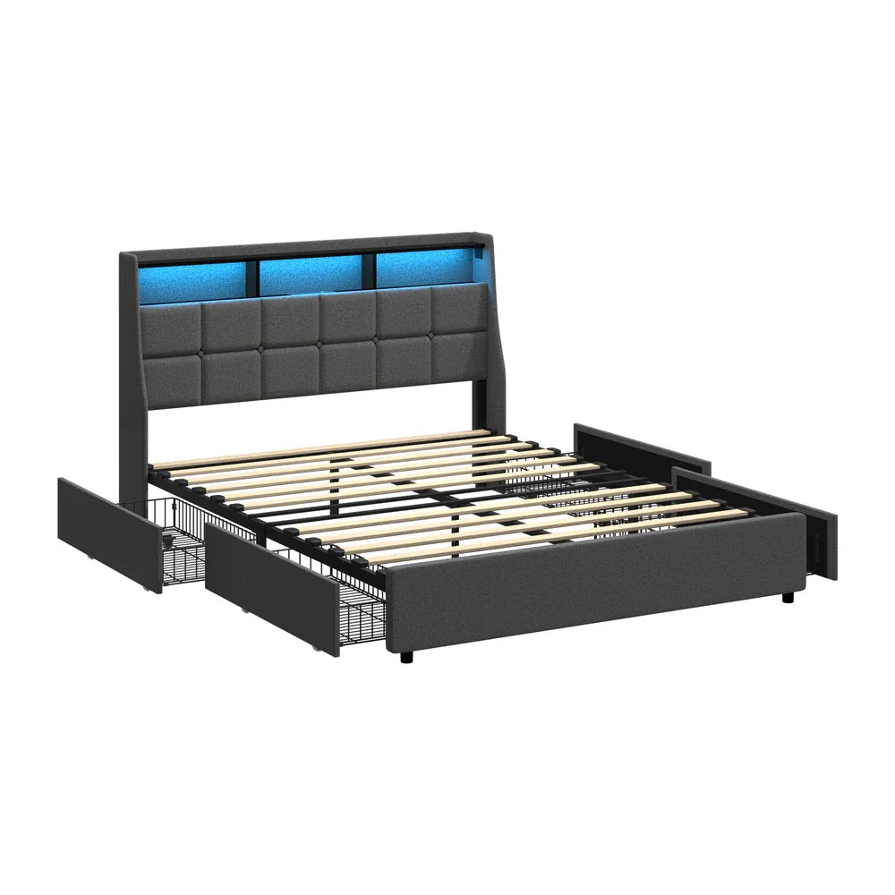 Queen Size Bed Frame Headboard RGB LED Lights Drawer USB
