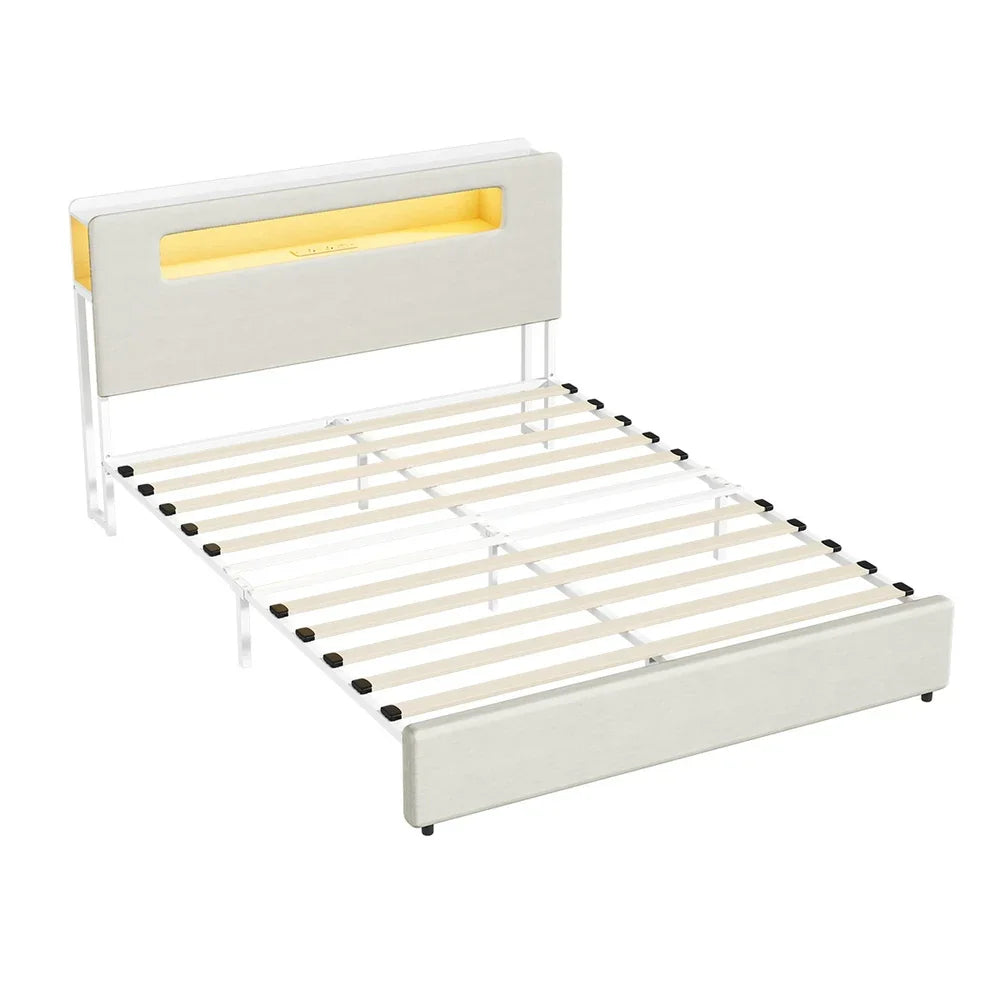 Bed Frame Double Size with LED Lights USB Charging Headboad