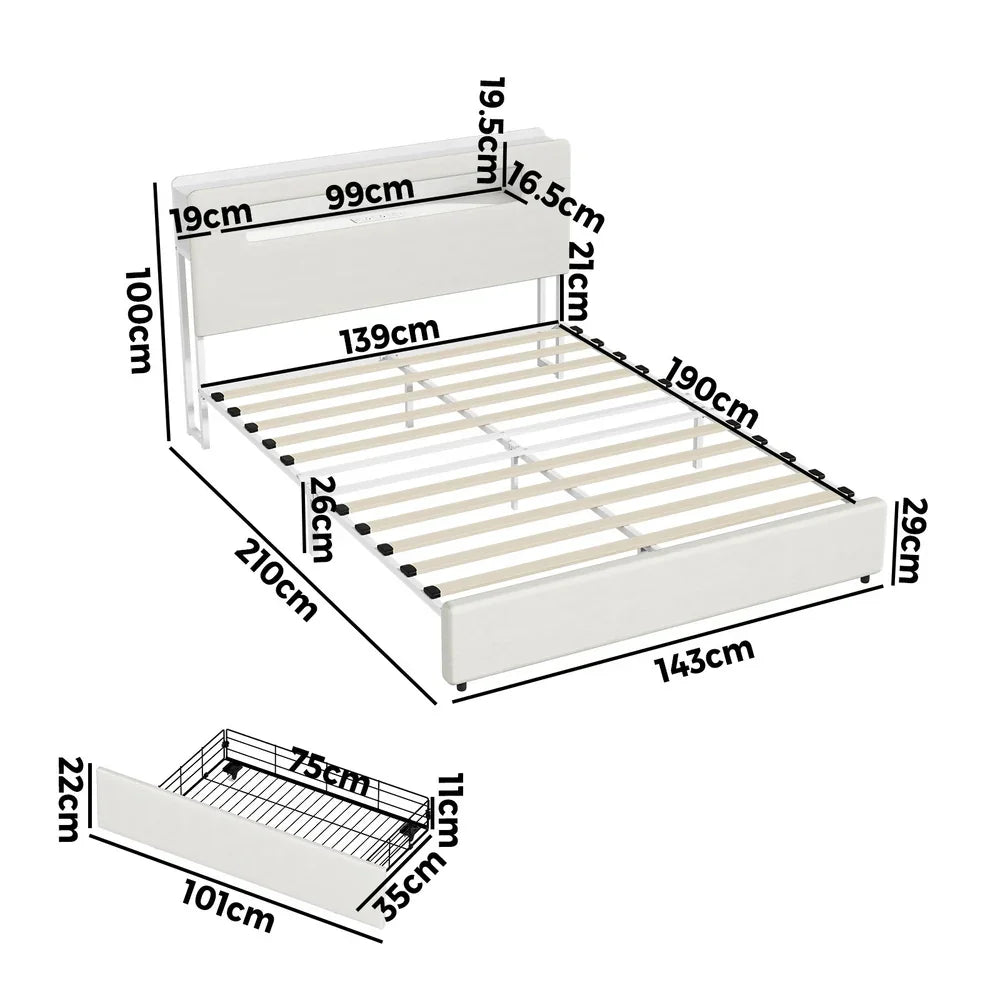 Double Bed Frame with LED Headboard, USB Charging & 2 Drawers