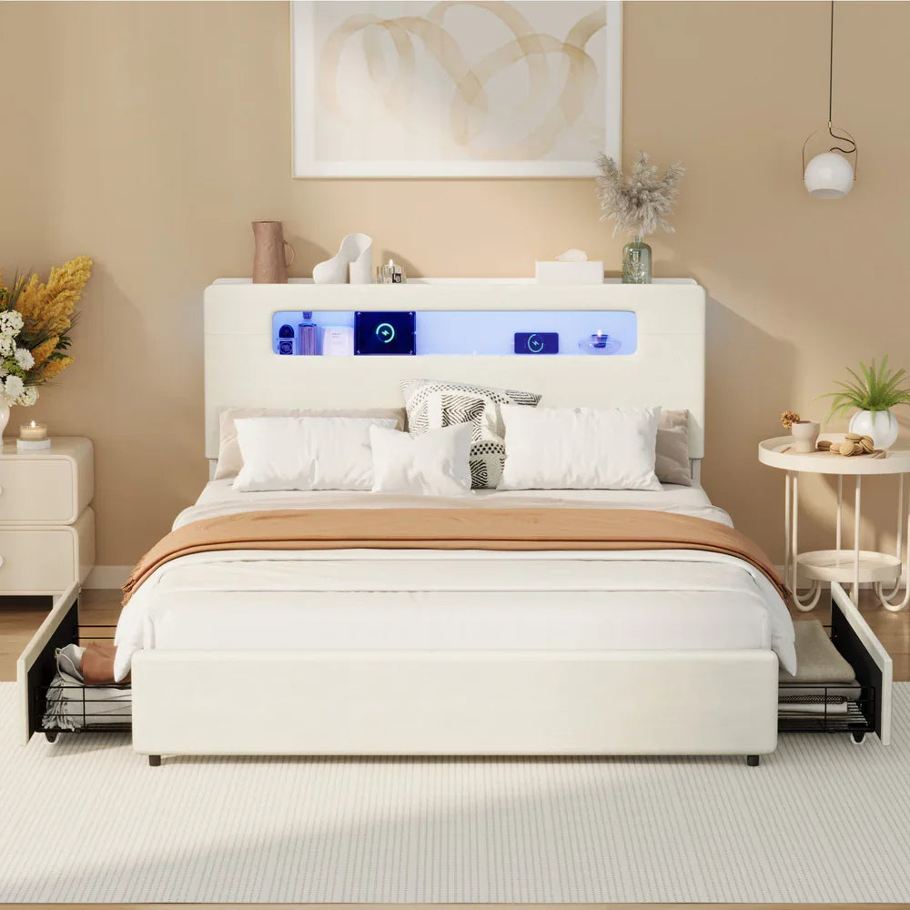 Double Bed Frame with LED Headboard, USB Charging & 2 Drawers