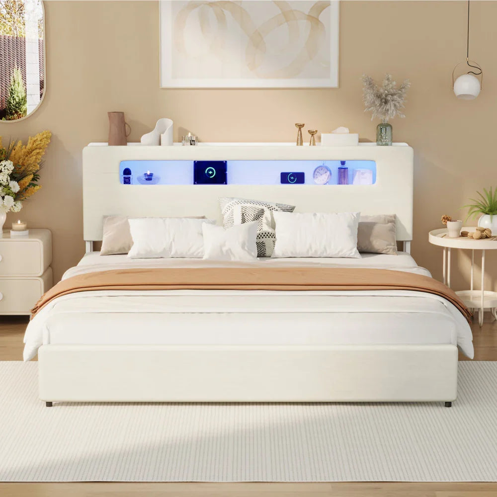 Bed Frame King Size with LED Lights USB Charging Headboad