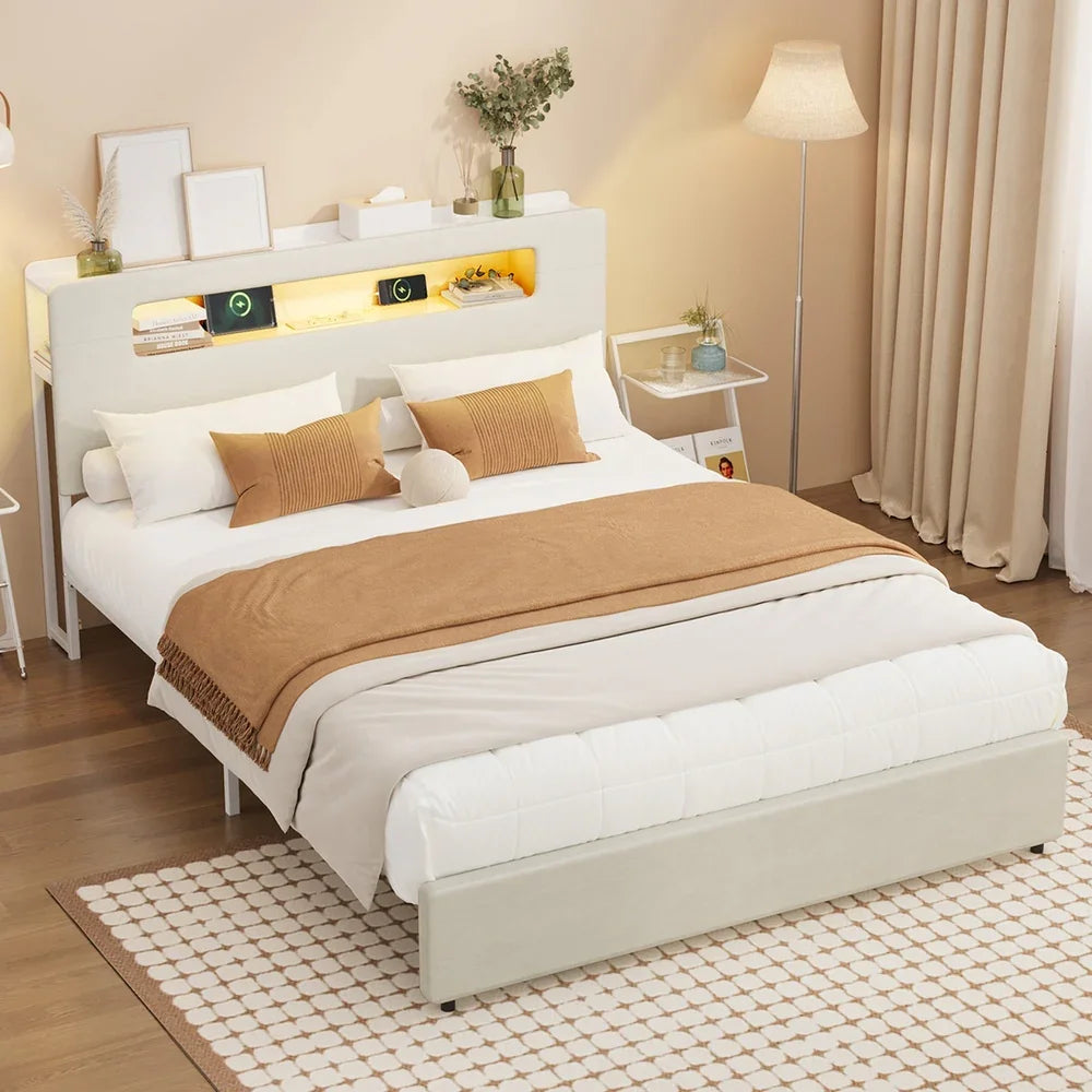 Bed Frame Queen Size with LED Lights USB Charging Headboad
