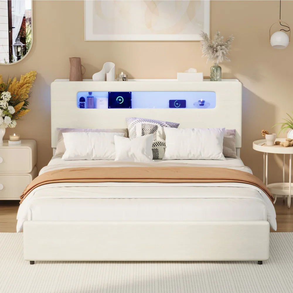 Bed Frame Queen Size with LED Lights USB Charging Headboad