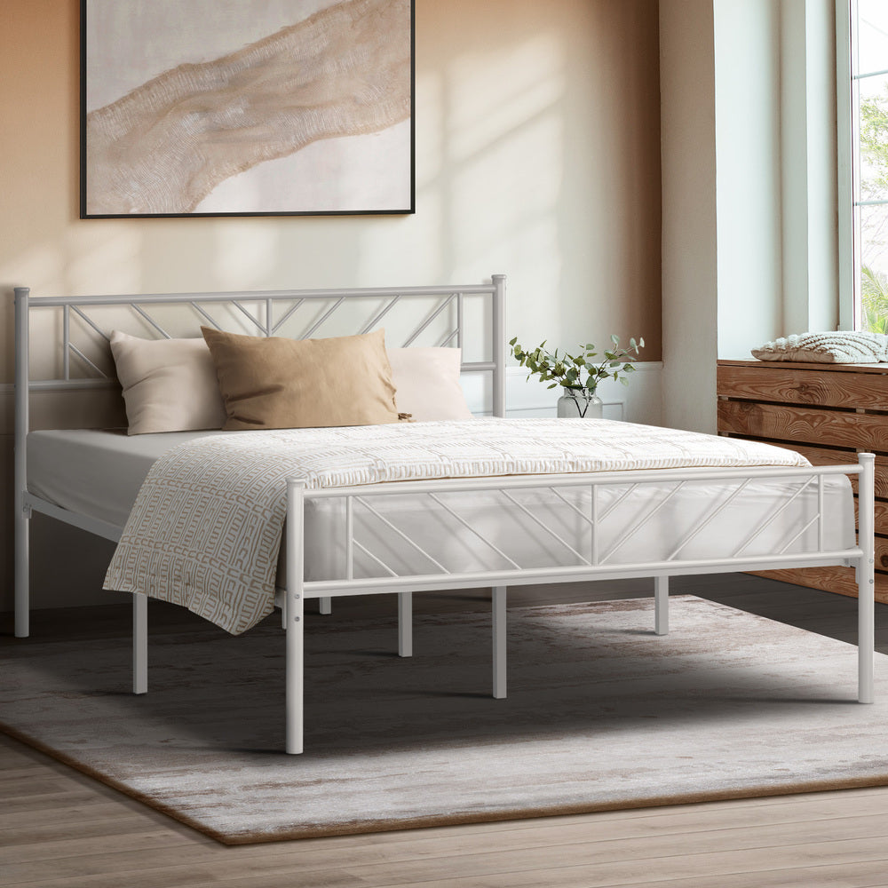 Metal Bed Frame – Queen, Rails Design, Powder‑Coated, Under‑Bed Storage, White