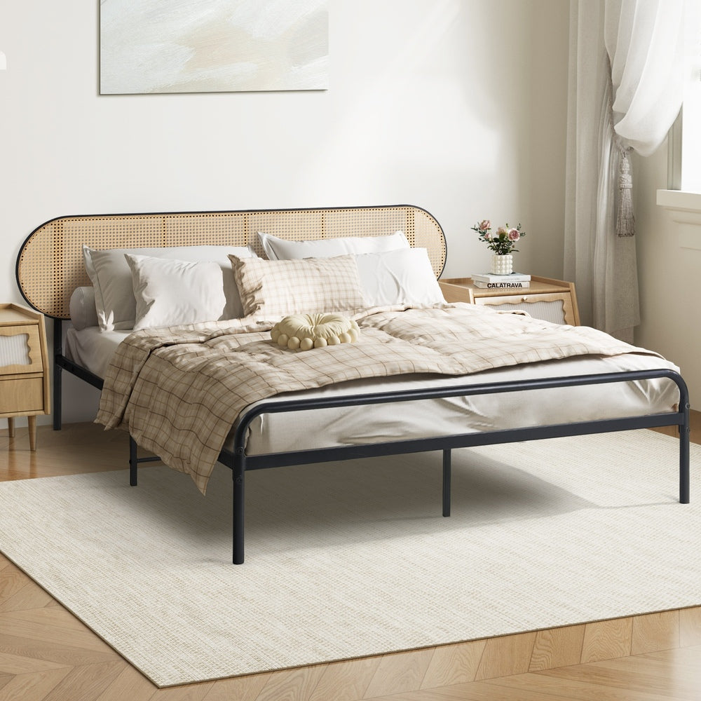 Bed Frame Double Metal Base Rattan Headboard