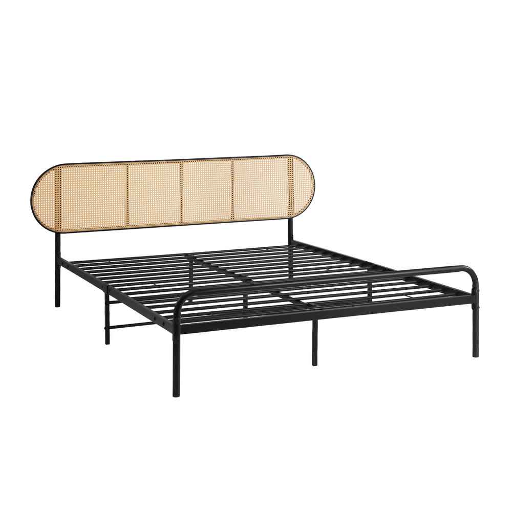 Bed Frame Double Metal Base Rattan Headboard