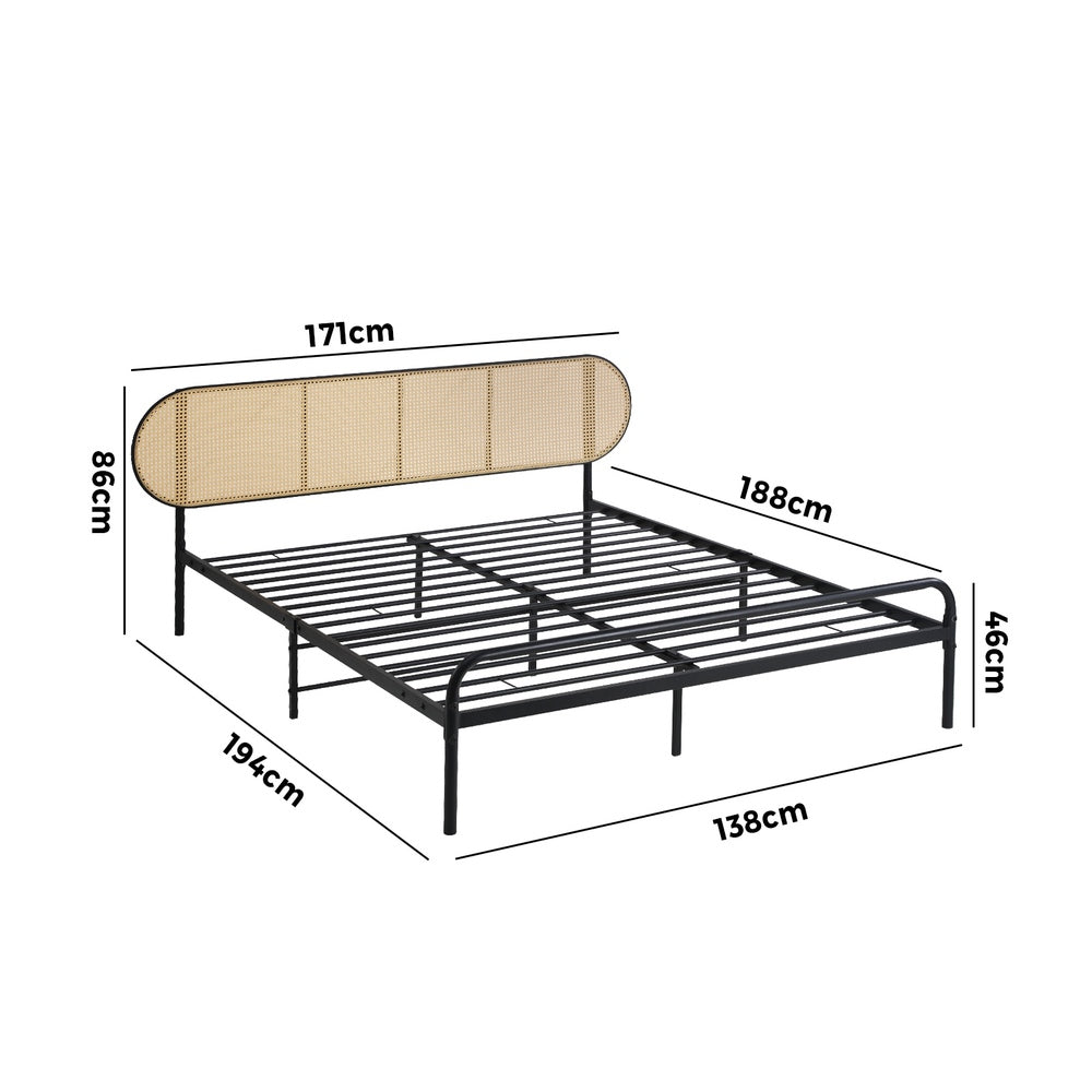 Bed Frame Double Metal Base Rattan Headboard