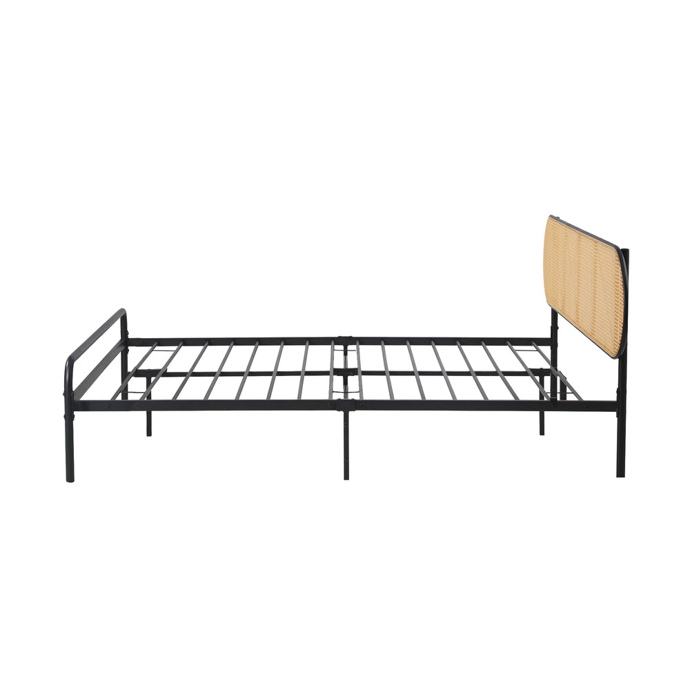 Bed Frame Double Metal Base Rattan Headboard