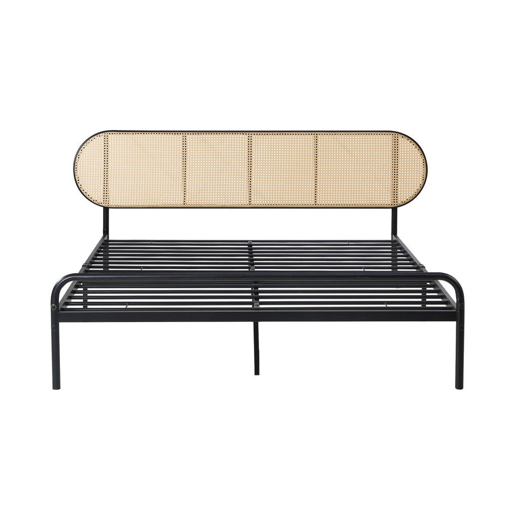 Bed Frame Double Metal Base Rattan Headboard