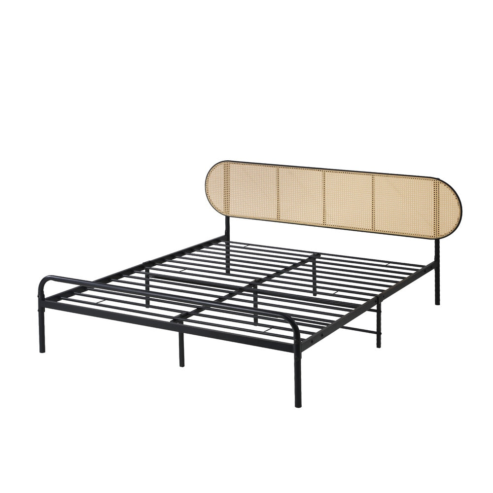 Bed Frame Double Metal Base Rattan Headboard