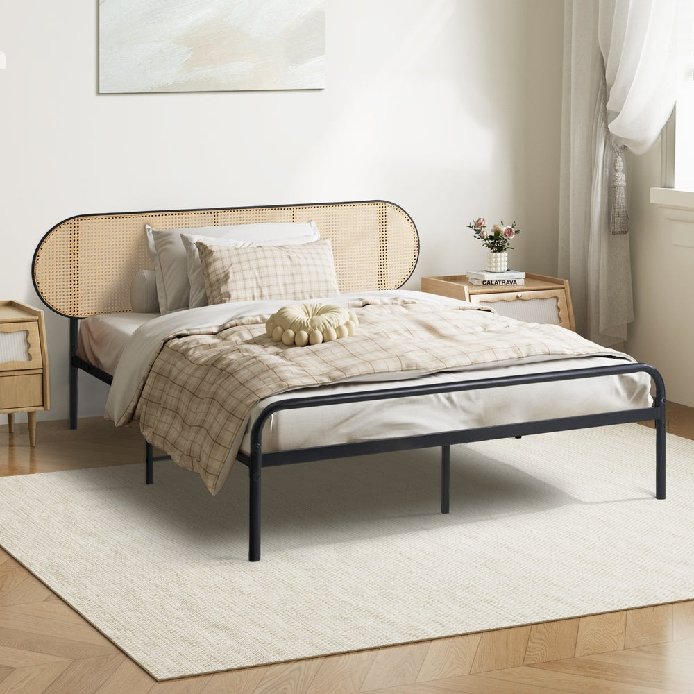 Bed Frame King Single Metal Base Rattan Headboard
