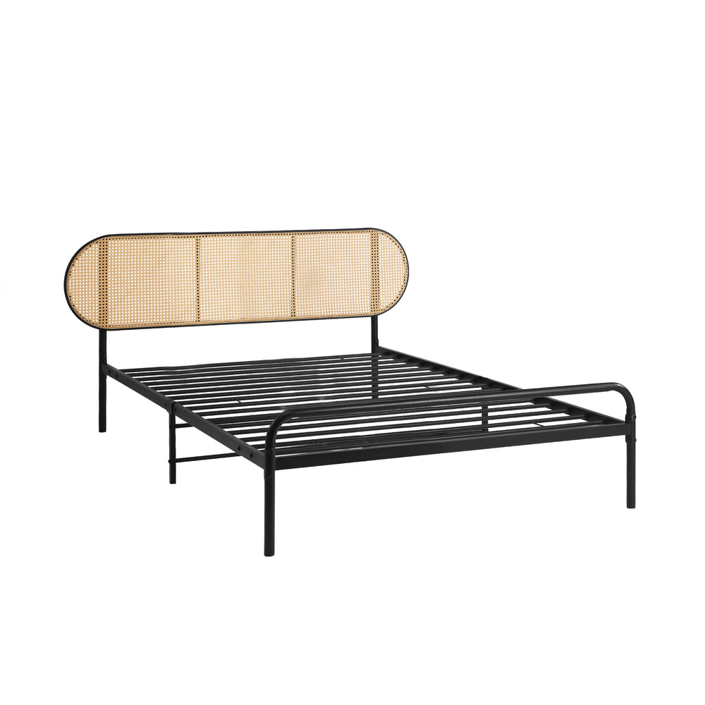 Bed Frame Single Metal Base Rattan Headboard