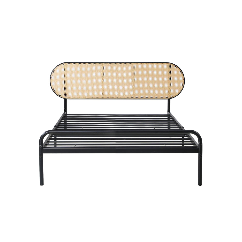 Bed Frame Single Metal Base Rattan Headboard