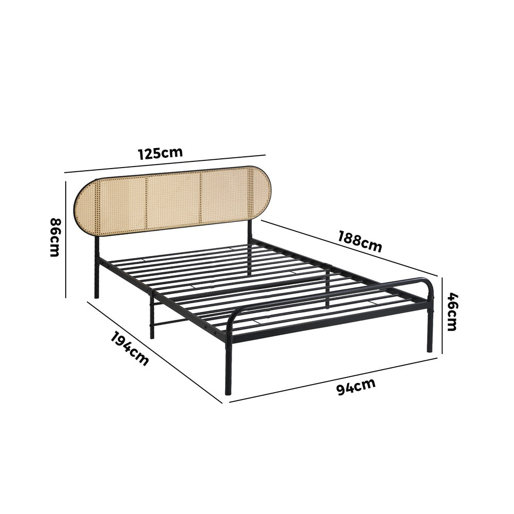 Bed Frame Single Metal Base Rattan Headboard