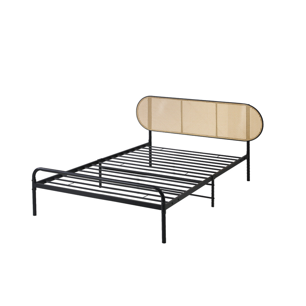 Bed Frame Single Metal Base Rattan Headboard