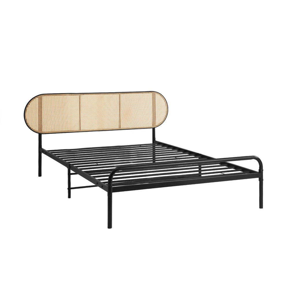 Bed Frame Single Metal Base Rattan Headboard