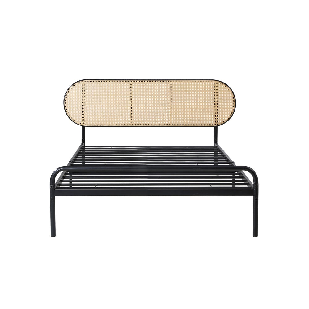 Bed Frame Single Metal Base Rattan Headboard