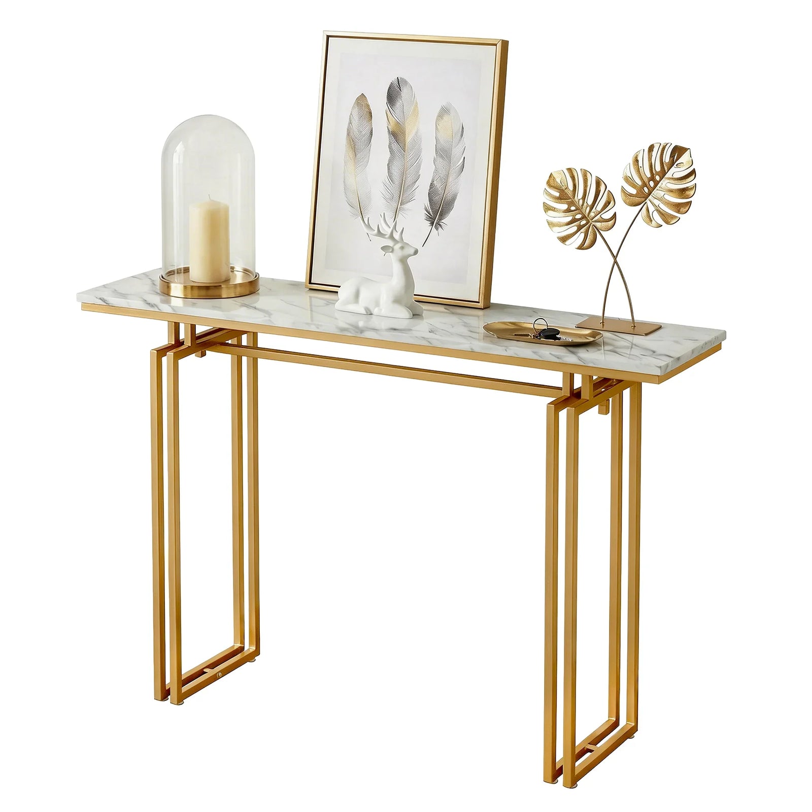 Console Table Hallway Entryway Table Marble Effect 110CM White & Gold