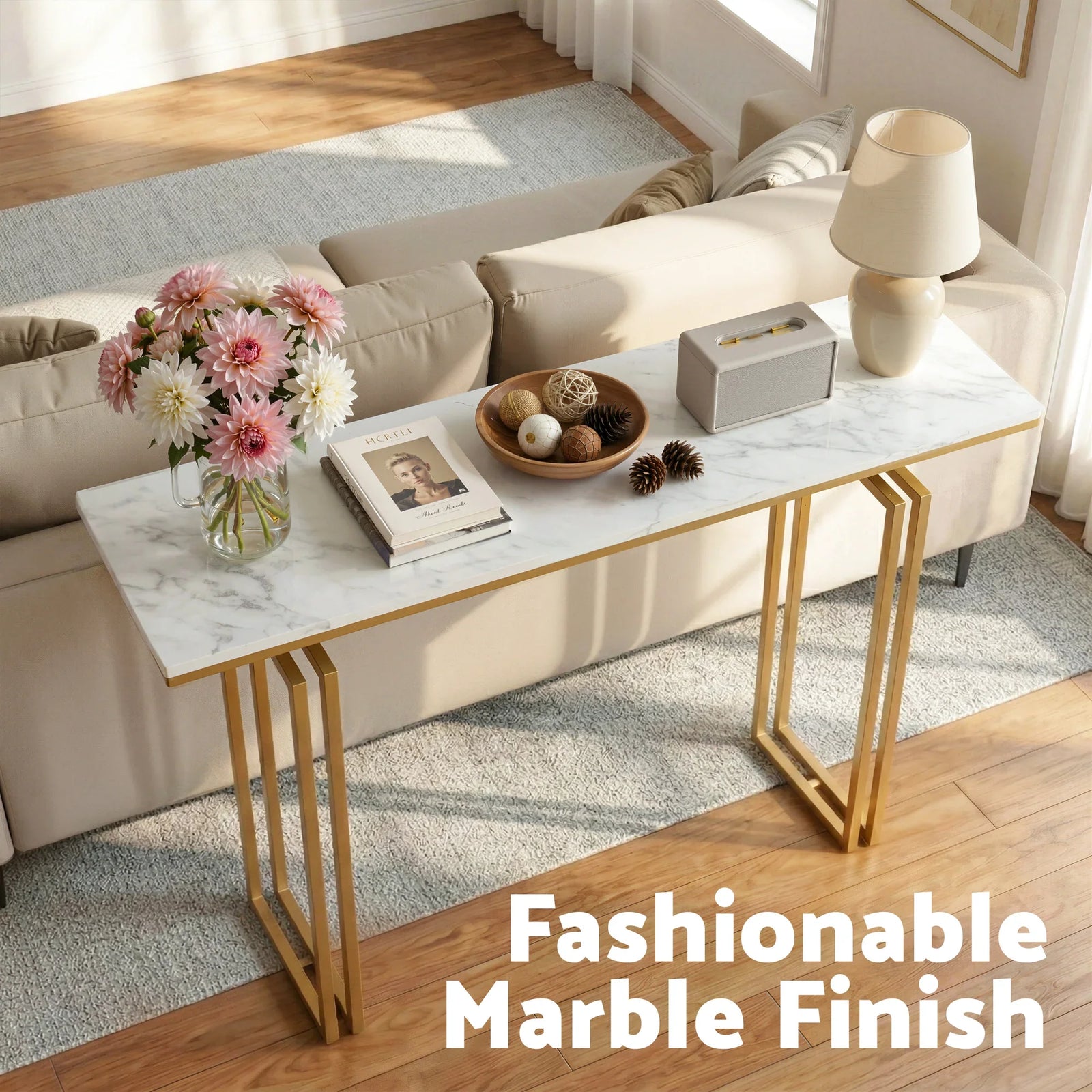 Console Table Hallway Entryway Table Marble Effect 110CM White & Gold