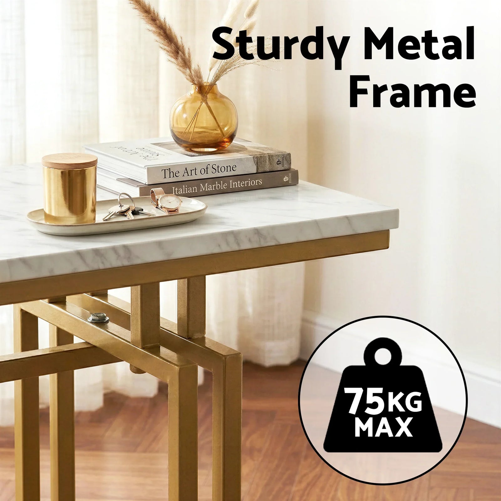 Console Table Hallway Entryway Table Marble Effect 110CM White & Gold