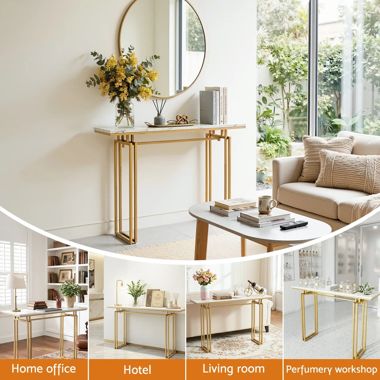 Console Table Hallway Entryway Table Marble Effect 110CM White & Gold