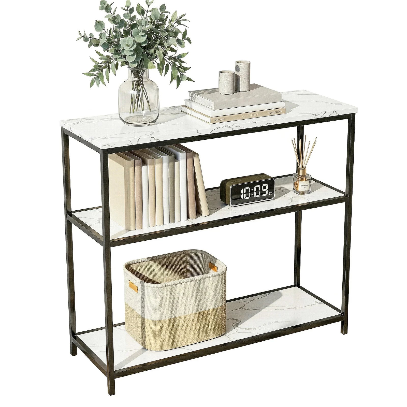 Console Table Marble Effect 3-Tier Sofa Entryway Side Table 90CM White