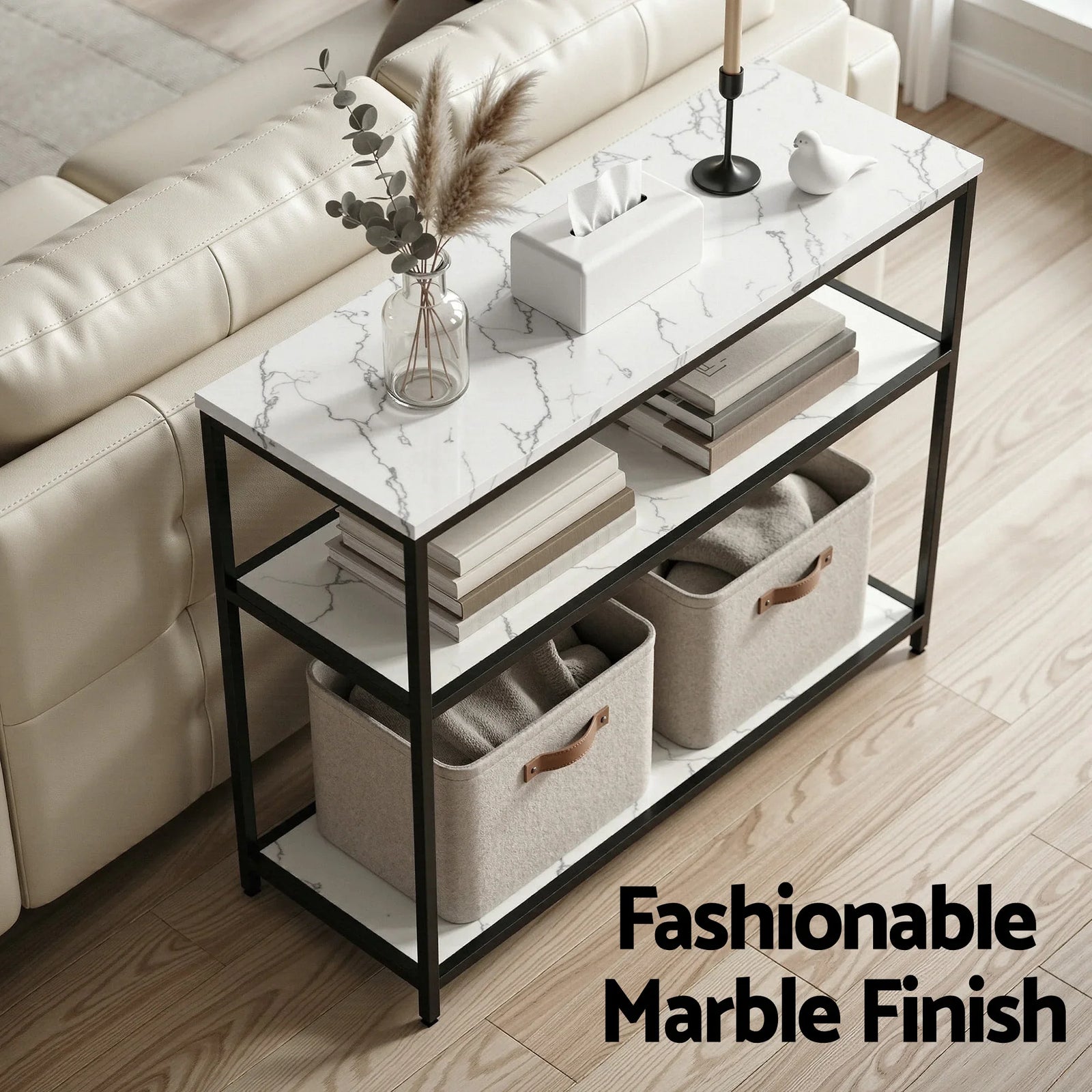 Console Table Marble Effect 3-Tier Sofa Entryway Side Table 90CM White