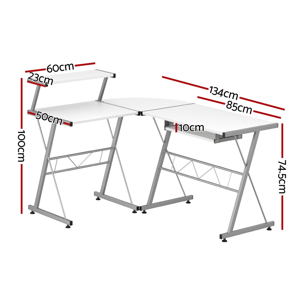 Artiss Computer Desk L-Shape Keyboard Tray Shelf White