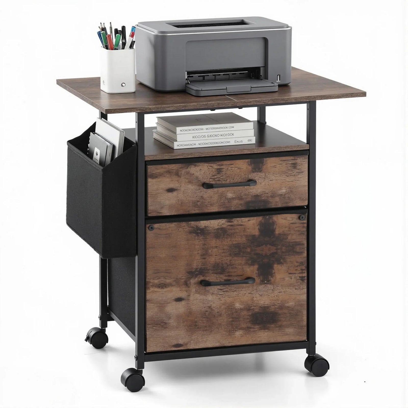 2 Fabric Drawer File Cabinet Printer Stand Rolling File Cabinet with Side Bag