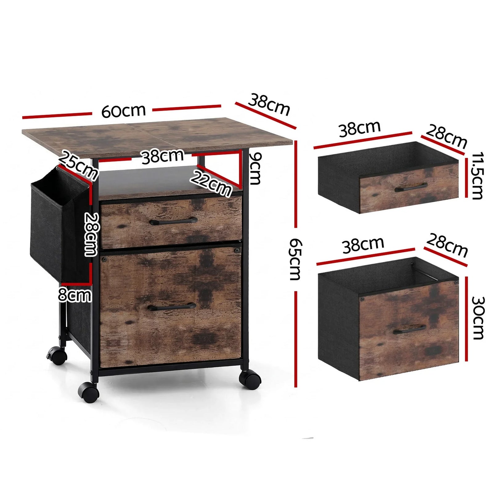 2 Fabric Drawer File Cabinet Printer Stand Rolling File Cabinet with Side Bag