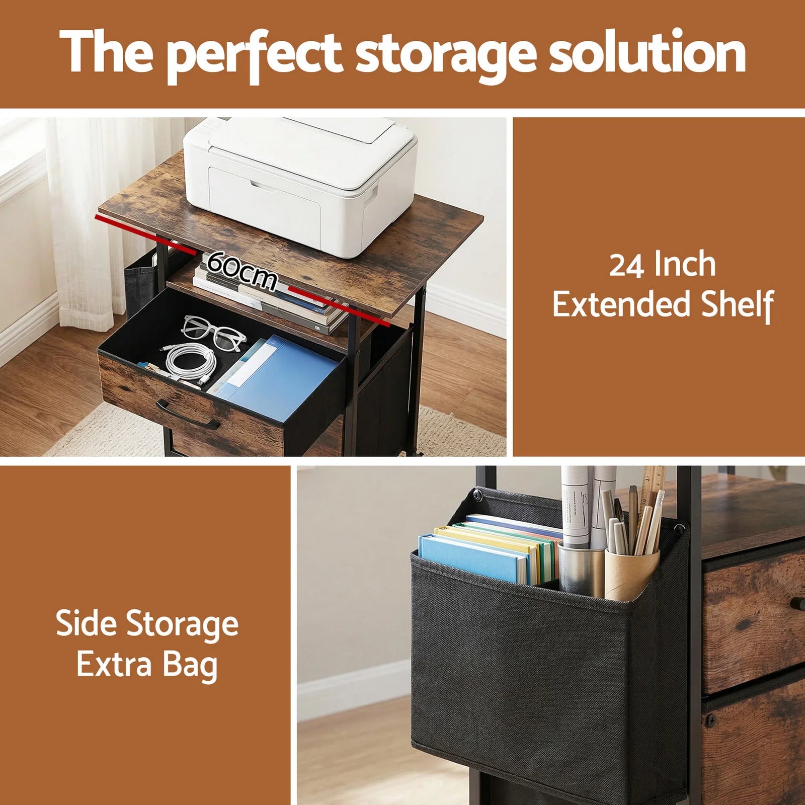 2 Fabric Drawer File Cabinet Printer Stand Rolling File Cabinet with Side Bag