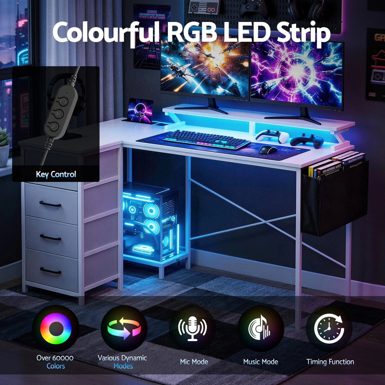140cm Gaming Computer Desk with RGB LED, Power Station & Storage Drawers