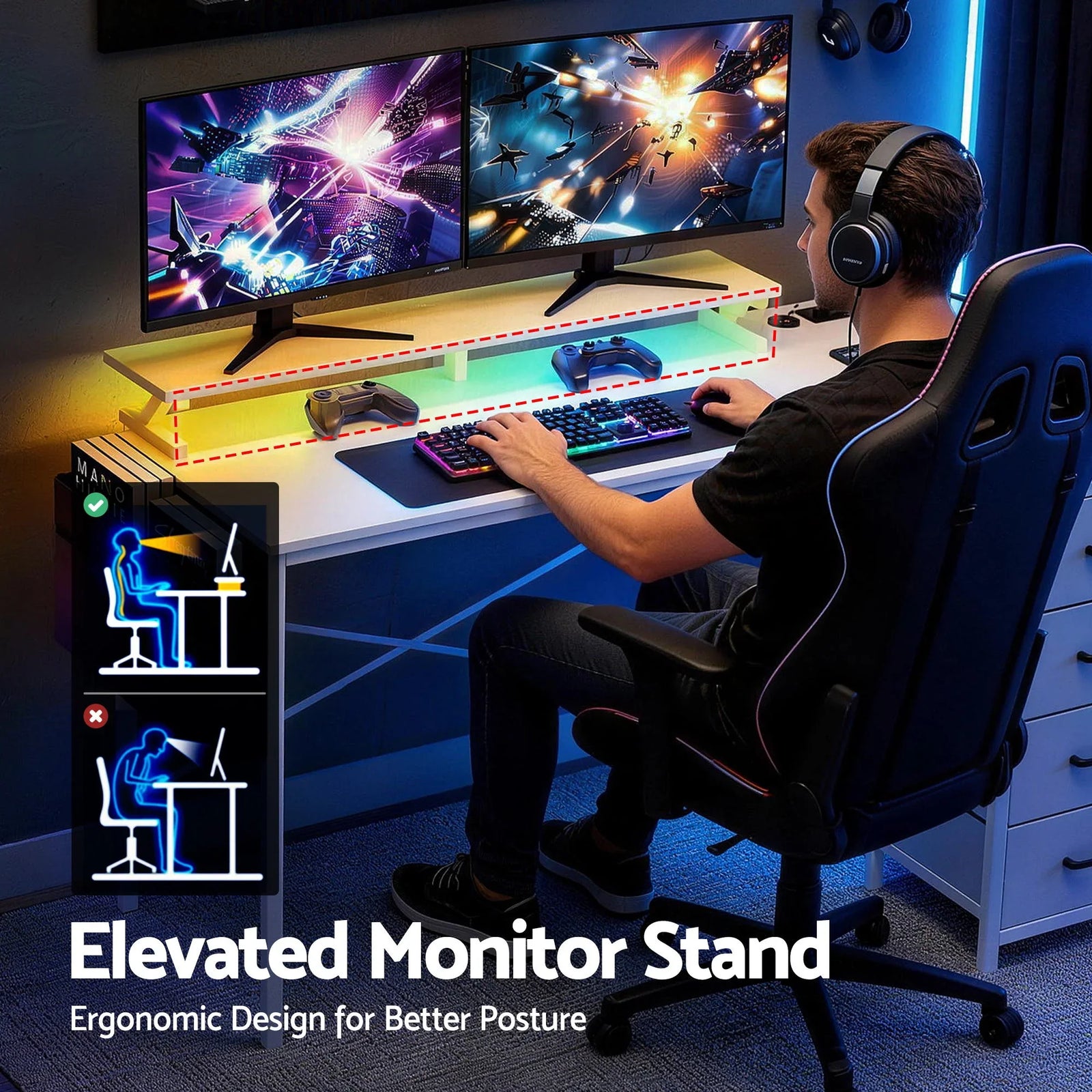 140cm Gaming Computer Desk with RGB LED, Power Station & Storage Drawers